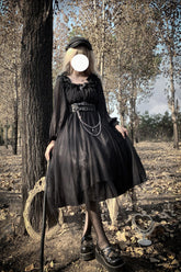 Black Long Sleeves Ruffle Bowknot Stitching Lace Gothic Plus Size Lolita Dress